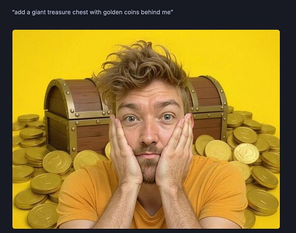 A person with a surprised expression is posing in front of a treasure chest surrounded by golden coins.