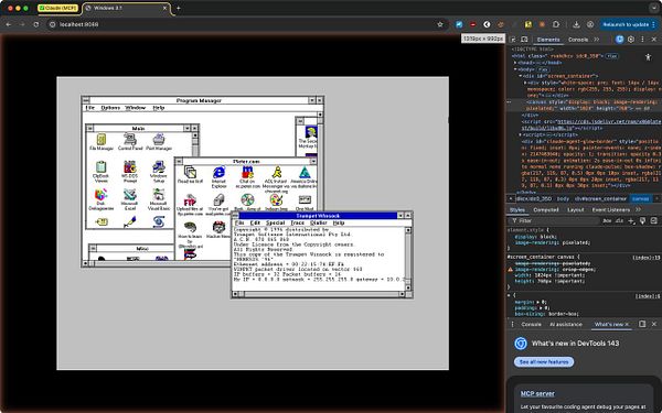Laptop screen showing a desktop with a Notepad window open displaying system info and a vertical side panel listing network resources and folders.