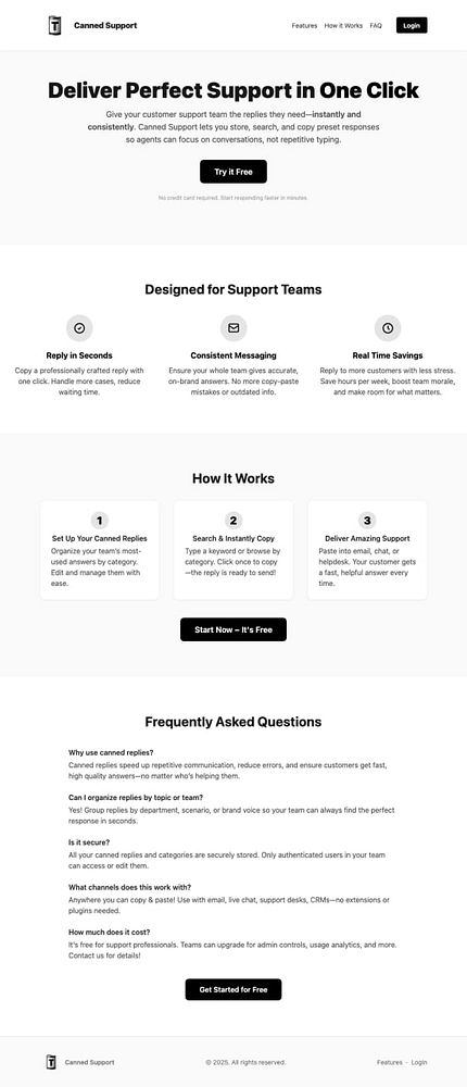 The image displays a design mockup of a home landing page for a customer support tool called Canned Support.