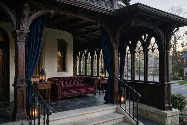 A Gothic-style front porch with dark carved wooden arches, pointed tracery windows, and heavy navy drapes framing the space. A burgundy tufted velvet sofa sits on dark stone flooring beside small carved wood tables and lanterns, with stone steps and iron railings leading up to the entrance.