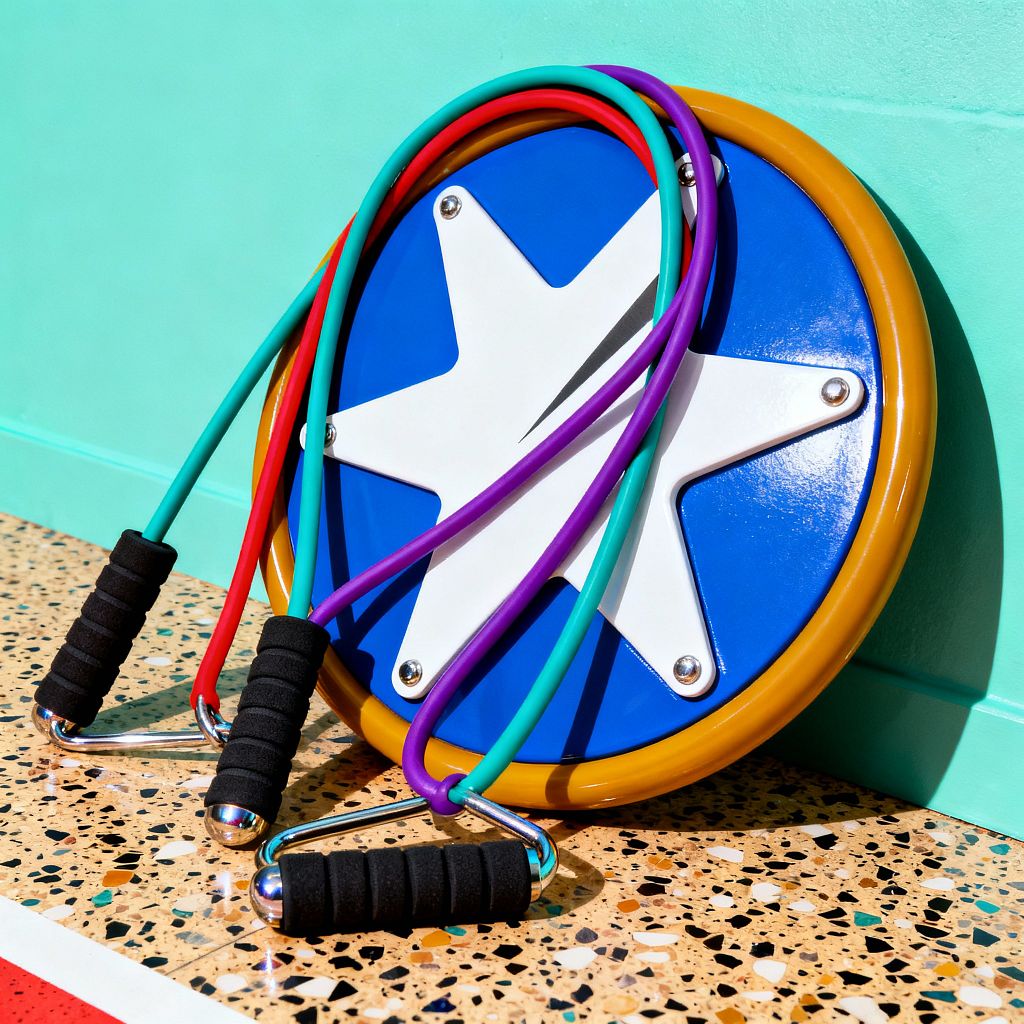 Close-up of a home gym corner featuring a round, glossy blue disc with a white star motif and mustard rim leaning against a mint green wall. Multicolored resistance bands—teal, red, and purple—with black foam grips and chrome ends drape over the disc and rest on a speckled terrazzo floor as bright light heightens the saturated Pop Art palette and bold, graphic shapes.