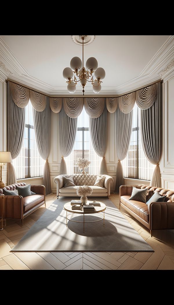 An elegant living room with large windows dressed in Austrian Shades, featuring soft, scalloped folds of fabric that add sophistication and warmth to the room.