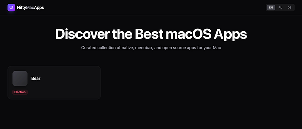 The image displays a webpage for NiftyMacApps, showcasing macOS applications.
