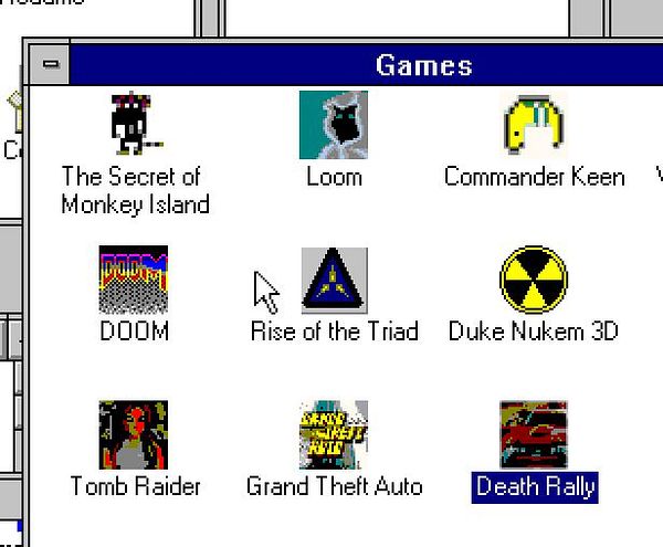 The image displays a retro computer interface showcasing a selection of video games.