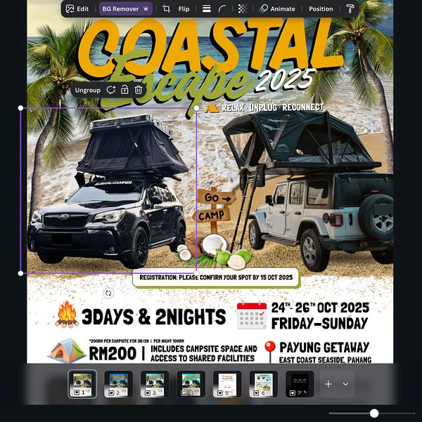 A promotional poster for a camping event featuring rooftop tents and outdoor activities.