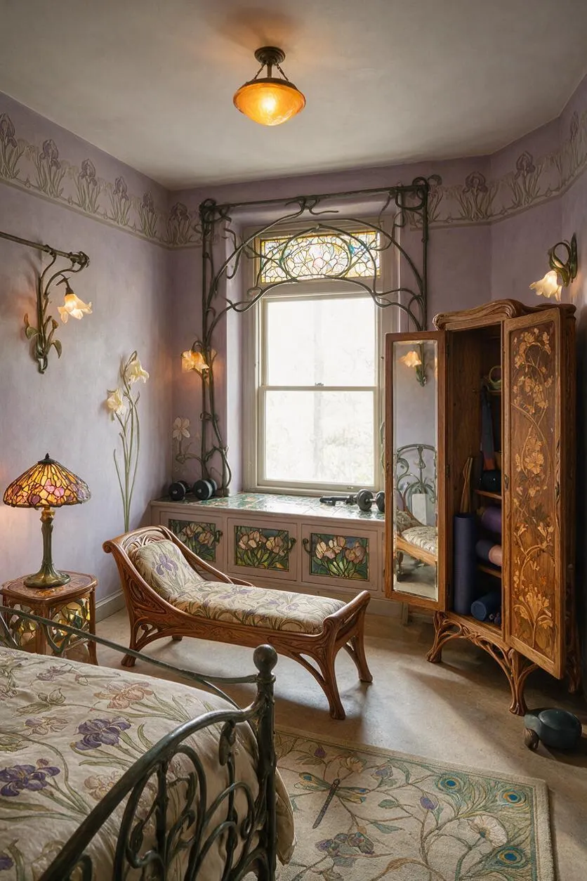 An Art Nouveau home gym and bedroom-like retreat with lavender walls, floral murals, and an ornate wrought-iron window frame. The room includes a carved chaise lounge, decorative wooden armoire, stained-glass lamp, and soft natural light from the central window.