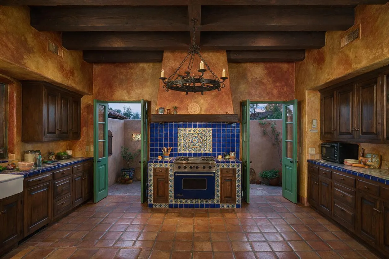 A Mediterranean-style kitchen with dark wood cabinets, terracotta tile flooring, exposed dark ceiling beams, and warm textured stucco walls. A central range is framed by bright blue and patterned tile, with green-painted double doors opening to an outdoor courtyard.