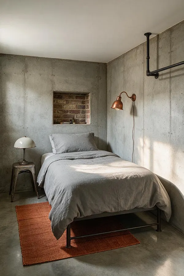 A small guest bedroom with raw concrete walls and floor, a simple metal-framed bed dressed in soft gray bedding, and an orange woven rug beneath it. Industrial accents include exposed black pipework, a copper wall sconce, a metal side table with a dome lamp, and a brick-lined recessed niche in the wall.
