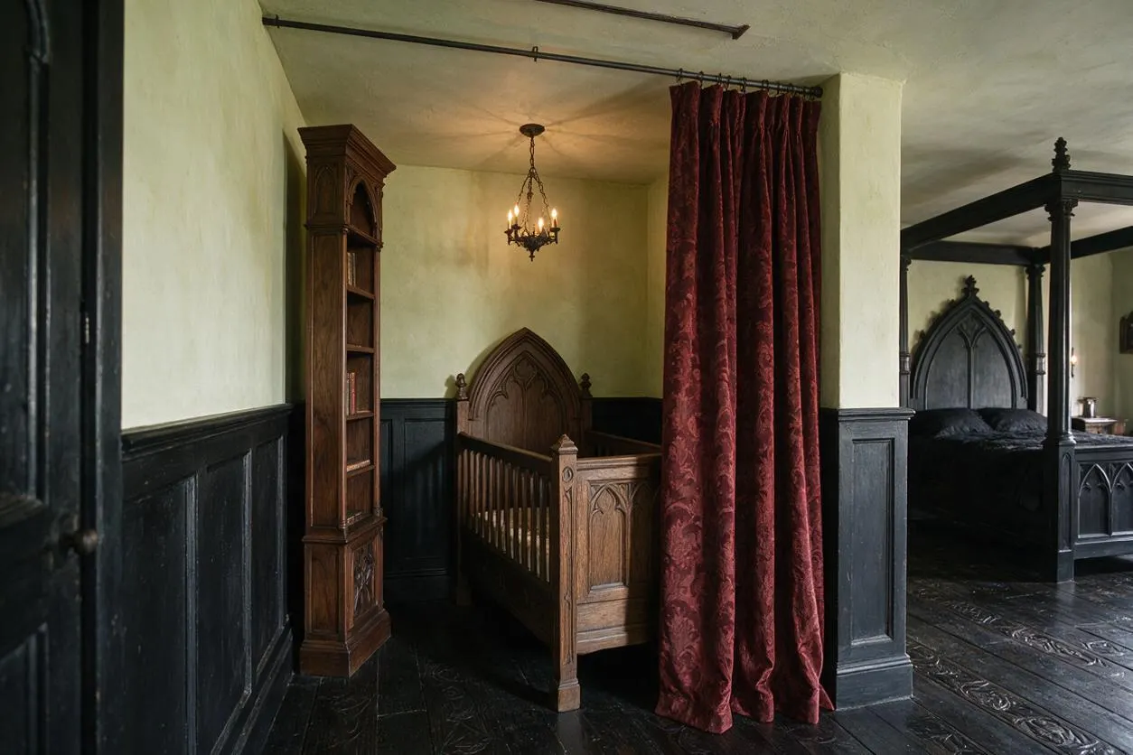 A moody nursery with a carved wooden crib centered against a pale wall, dark paneled wainscoting, and a tall gothic bookcase beside it. Deep burgundy curtains, a black chandelier, and an adjoining black-canopy bed with pointed arch detailing reinforce the dramatic Gothic style.
