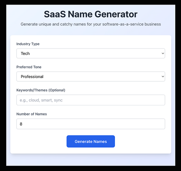 The image displays a user interface for a SaaS Name Generator tool.