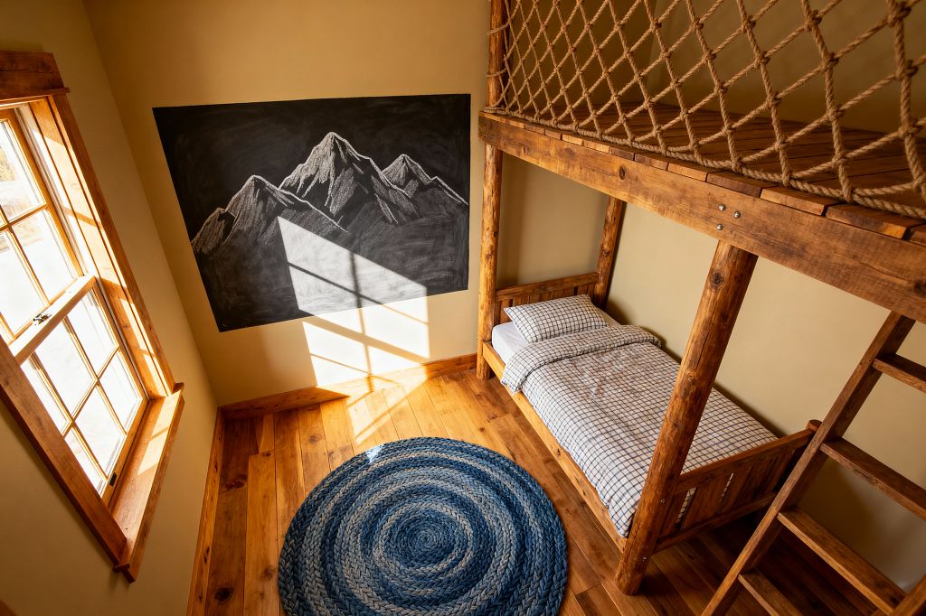 An airy, rustic kids’ bedroom features a timber loft with a jute rope safety net above a single wood bed dressed in white-and-navy grid bedding. Honey-toned plank floors and wood-trimmed windows glow in sunlight, a large black chalkboard shows hand-drawn mountain peaks, and a round braided blue rug centers the room, creating a warm cabin atmosphere with natural textures and simple handcrafted details.