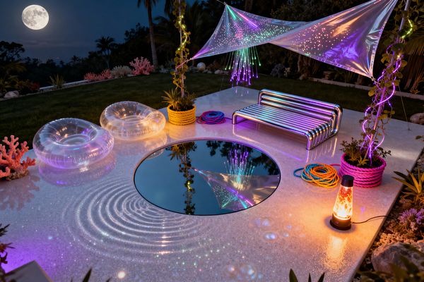 A nighttime patio under a full moon features a circular mirror-like reflecting pool set in a glossy terrazzo deck, two clear inflatable lounge chairs glowing with pastel LEDs, and a chrome tubular bench edged with neon lighting. An iridescent mylar canopy with pinhole stars and fiber‑optic strands casts rainbow reflections, while potted plants in bright rope baskets, coiled neon ropes, and a lit lava lamp complete the playful, retro‑futurist scene amid dark lawn and tropical plantings.