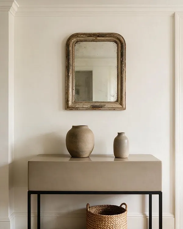 A Transitional style vignette features an antique-looking distressed mirror centered above a taupe console table with slim black metal legs. Two muted ceramic vases sit on top, and a woven basket is tucked below against a white paneled wall.