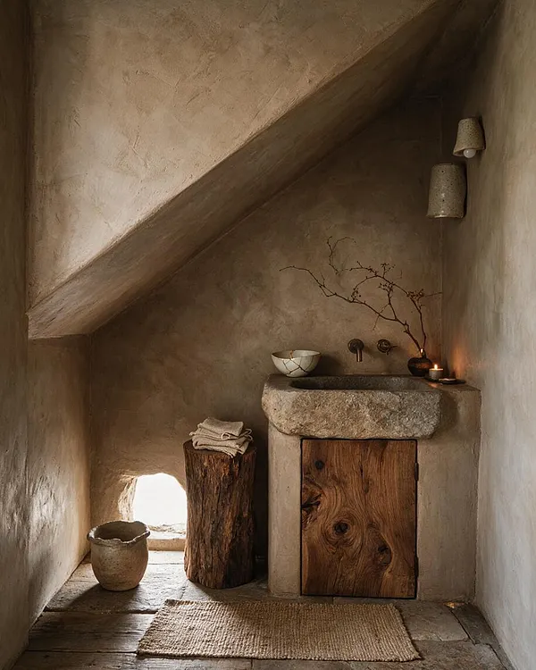 A small powder room with sloped plaster walls, a rough stone sink base, and a wooden cabinet door beneath the basin. The space features warm earth tones, a tree stump side table, a woven rug, pottery accents, candlelight, and a minimalist, handcrafted Wabi-Sabi atmosphere.