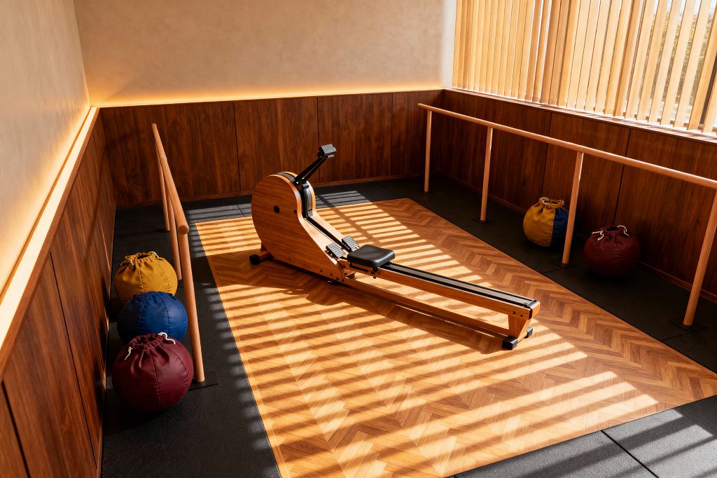 A compact home gym with walnut wall paneling and concealed LED perimeter lighting. A honey-toned herringbone wood floor inset is bordered by black rubber mats and holds a wood rowing machine at center. Beech barre rails line two walls. Vertical wood slat blinds filter sunlight, casting striped shadows across the floor. Canvas weighted bags in mustard yellow, navy blue, and burgundy sit at the edges, creating a warm, minimalist mid-century setting.