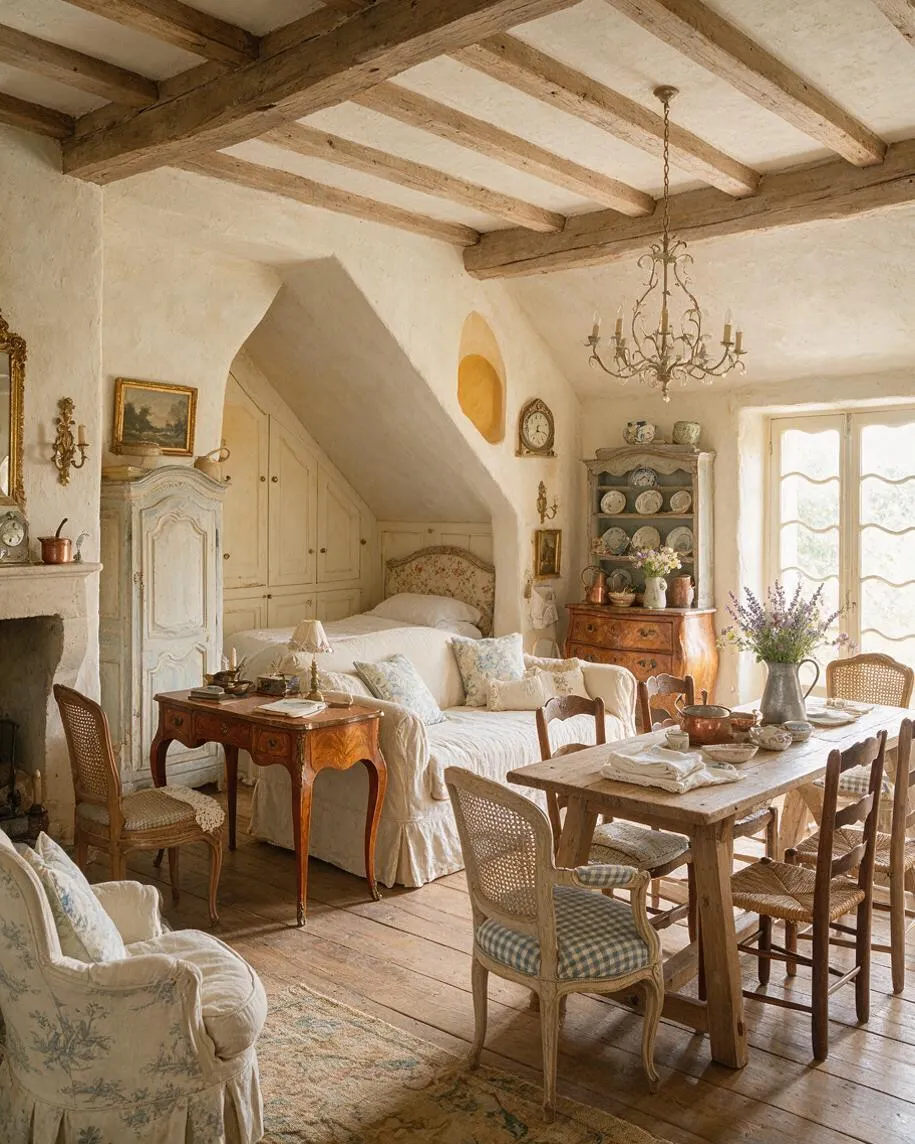 A charming studio apartment styled in French Country decor with exposed wooden ceiling beams, cream plaster walls, and a warm wood floor. The space combines a bed, sofa, carved wood tables, cane chairs, a chandelier, vintage cabinets, and a rustic dining table set near bright French doors.