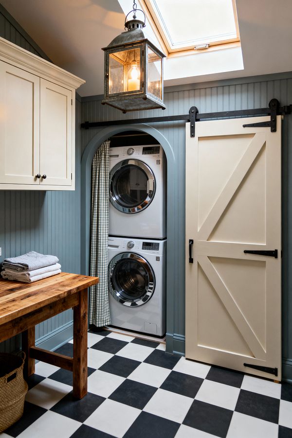 A farmhouse laundry room with blue-gray beadboard walls and a skylight features an arched niche holding a stacked white washer and dryer, partially screened by a green gingham curtain. A cream sliding barn door with black iron hardware, a rustic wood folding table with folded towels, cream Shaker wall cabinets, a large galvanized lantern pendant, and black-and-white checkerboard floor tiles complete the space.
