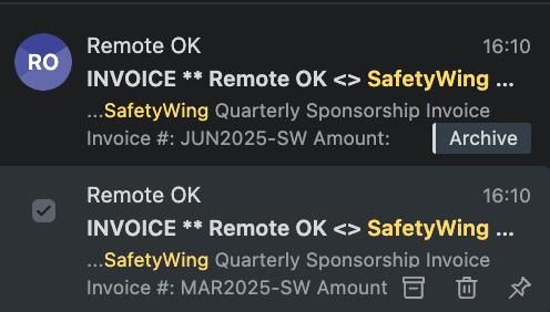 The image displays a screenshot of a task management interface showing two invoices related to SafetyWing.