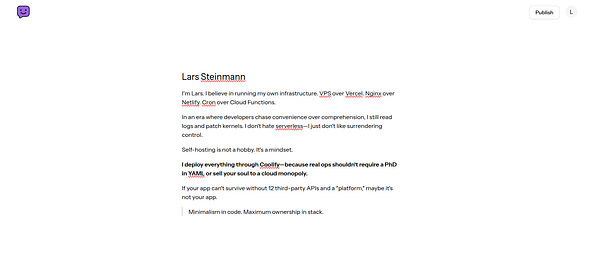 The image features a text editor interface displaying a personal statement by Lars Steinmann about his beliefs in self-hosting and infrastructure choices.