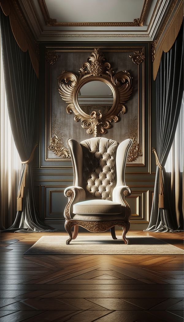 A luxurious living room featuring a Queen Anne chair with curved cabriolet legs and a wingback design, set against a backdrop of rich, velvet drapes and a decorative, gilded mirror.