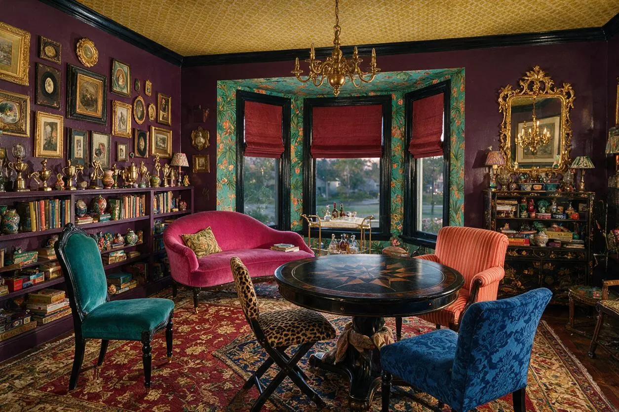 A richly layered game room features deep plum walls, a gold-patterned ceiling, and a round black game table at the center. Around it sit mismatched upholstered chairs in teal, pink, orange, blue, and leopard print, with built-in shelves of books and decorative objects, ornate framed art, gilded mirrors, and a bay window dressed with red roman shades.