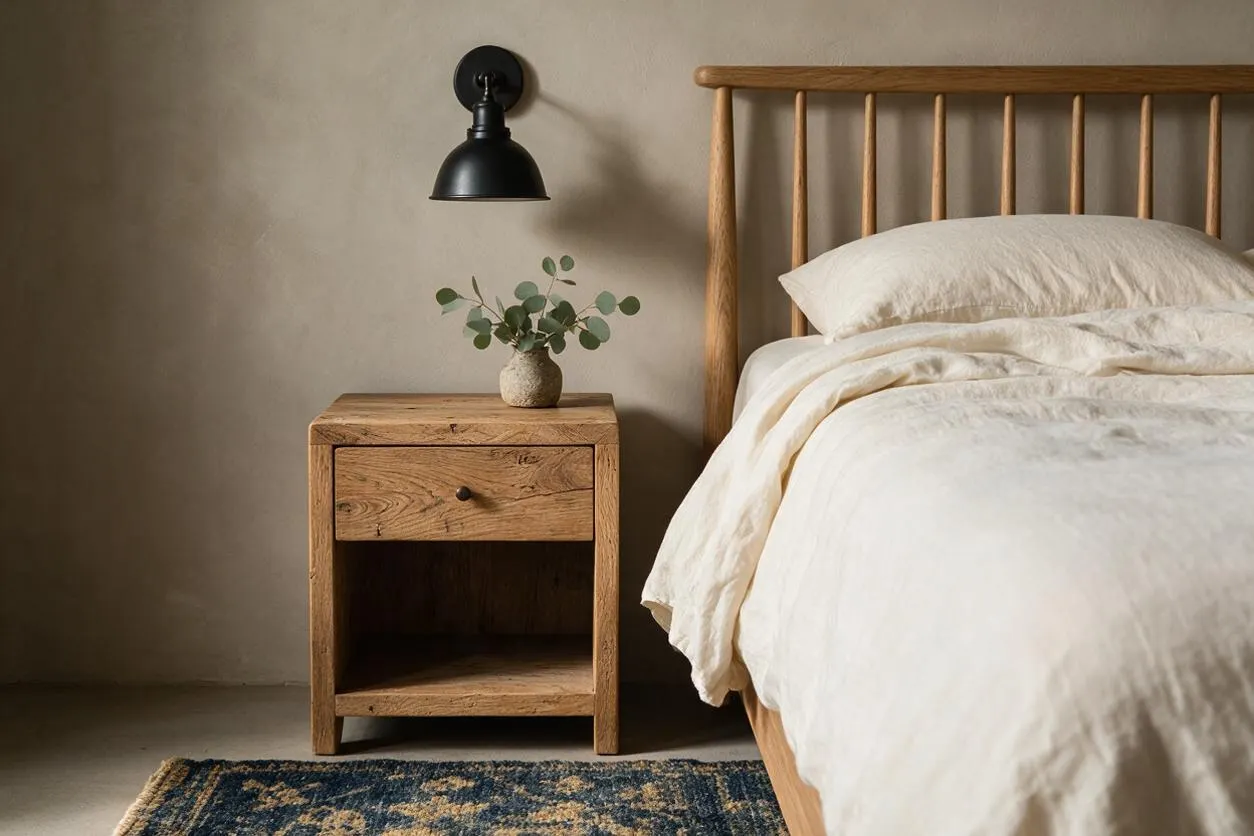 A farmhouse-style bedroom vignette with a wooden spindle bed dressed in cream bedding beside a rustic oak nightstand. A matte black wall sconce and a small vase of eucalyptus add contrast against the soft neutral wall, with a patterned rug visible at the bottom.