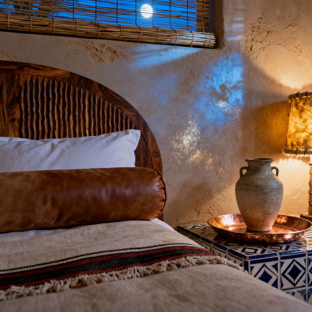 A cozy Southwestern bedroom corner with a carved wooden headboard, white pillows, and a saddle-brown leather bolster, topped by a fringed beige throw with a red-and-black stripe. A blue-and-white tiled nightstand holds a copper tray and clay vase beside a warm, rustic-shade lamp, while moonlight filters through a bamboo blind, casting blue reflections on sand-toned stucco walls.