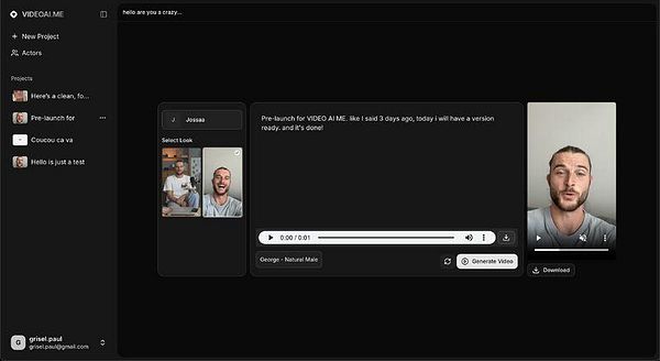 The image displays a user interface for the VIDEO AI ME platform, showcasing a video generation tool with a user preparing to create a video.
