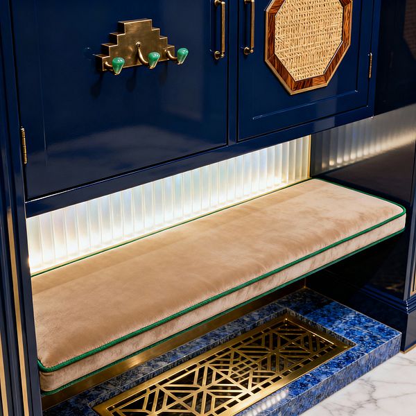 A glossy navy built-in mudroom niche features polished brass hardware, a stepped Art Deco coat hook with jade-green knobs, and an octagonal cane-and-wood detail on the cabinet door. A camel velvet bench cushion with emerald piping sits before a ribbed, backlit glass panel, while a deep blue stone plinth with a geometric brass floor grille rests on white marble, creating a compact yet luxurious entry seating and storage zone.