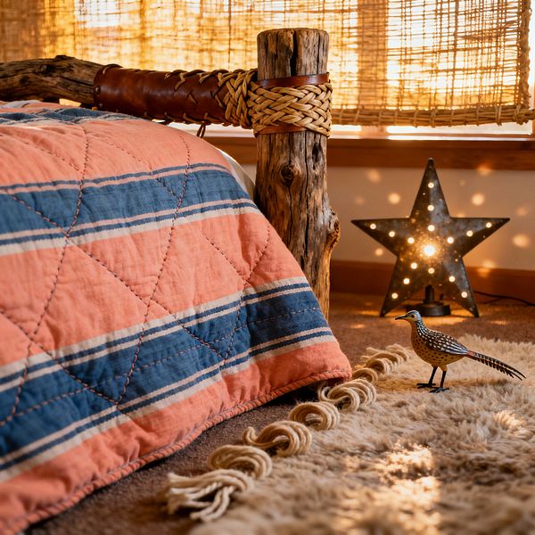 A close-up of a Southwestern-themed kids’ room shows the corner of a rustic log bed bound with leather and a braided natural-fiber wrap. A salmon and blue striped quilt with diamond stitching hangs over a plush beige shag rug finished with thick rope tassels. To the right, a metal star lamp glows with punctured light patterns beside a small roadrunner toy. In back, a woven bamboo window shade filters warm sunlight across the scene.