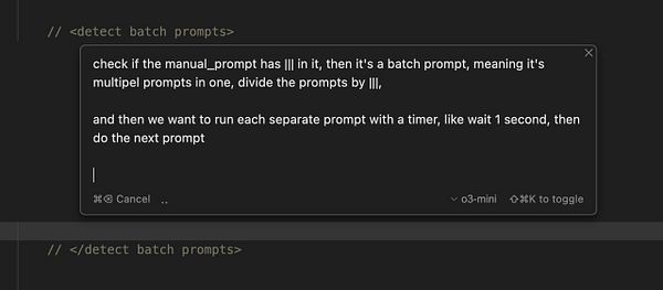 A code snippet discussing batch prompt detection and execution in a programming interface.