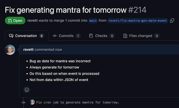 A GitHub pull request interface showing a comment about fixing a bug related to generating a mantra for tomorrow.