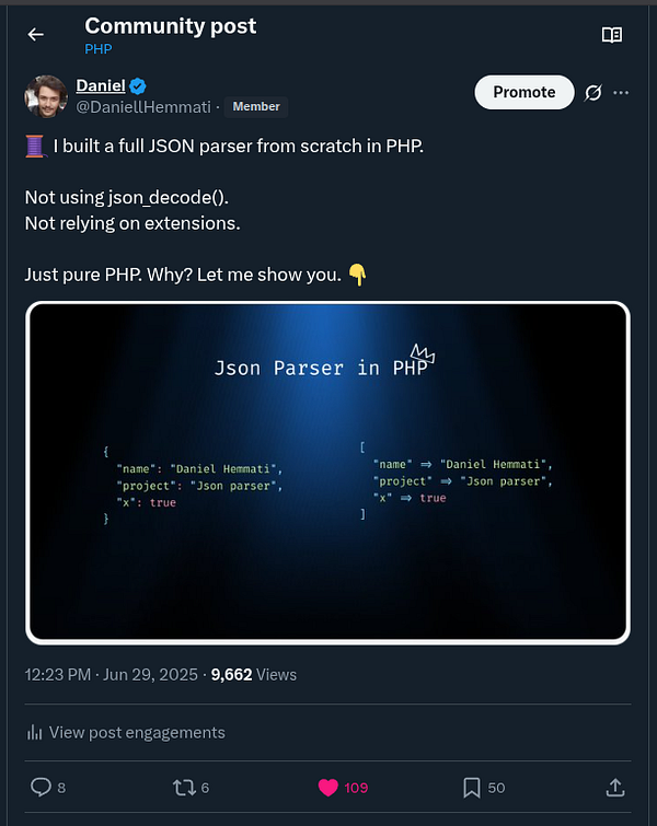 A community post showcasing a JSON parser built in PHP, featuring code snippets and engagement metrics.