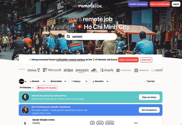 The image displays a job search interface for remote positions in Ho Chi Minh City, featuring a vibrant street scene in the background.