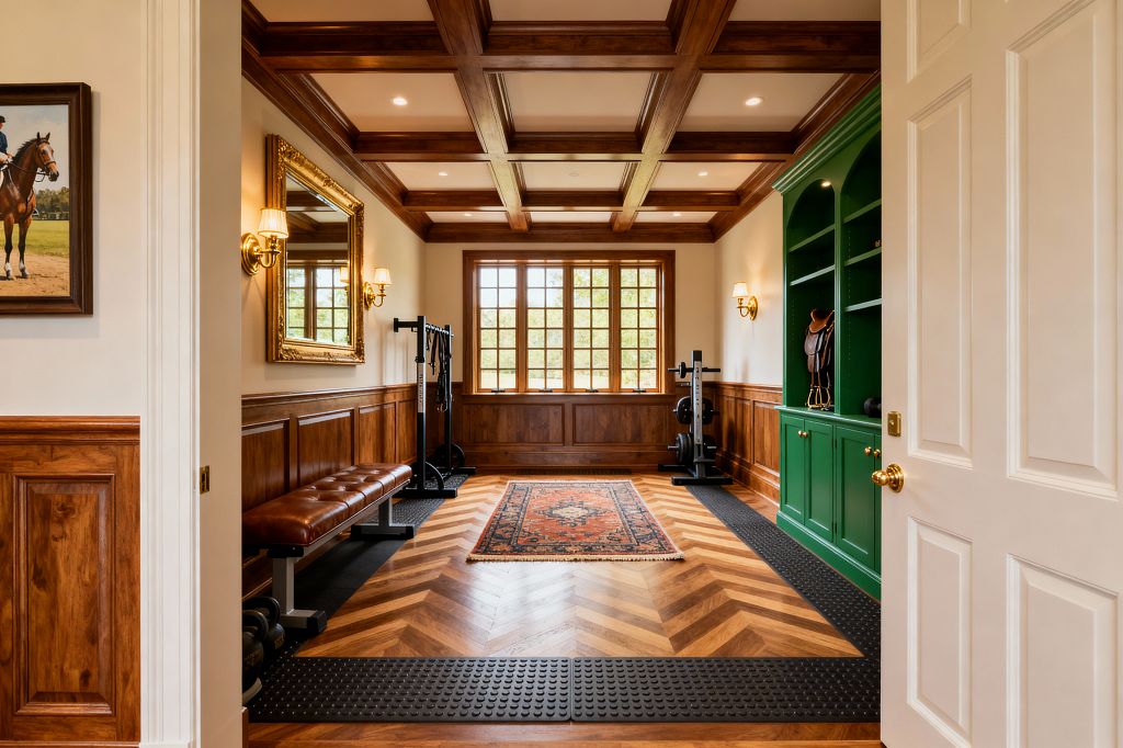 A traditional home gym with rich woodwork features a coffered ceiling, raised-panel wainscoting, and chevron parquet floors bordered by black rubber mats, with a Persian-style rug centered below a divided-light window. Barbell stands and weight plates sit at the far end, a tufted leather bench rests under a gold-framed mirror and brass sconces on the left, and deep green built-in shelves displaying a saddle line the right wall.