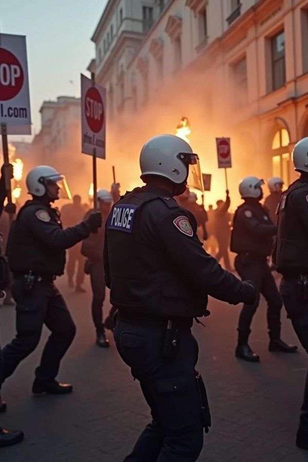 A tense protest scene featuring police officers and demonstrators holding signs.