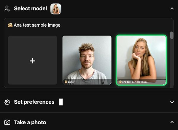 The image displays a model selection interface with two profile images and options for user interaction.