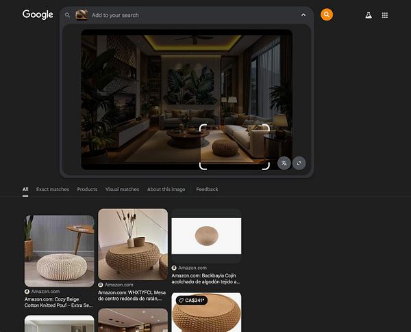 The image displays a Google search interface featuring a living room render and related furniture suggestions.