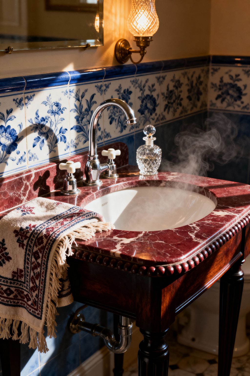 Close-up of a Victorian bathroom vanity featuring a mahogany washstand with a burgundy marble top and bead molding around a white porcelain undermount sink, steam rising from the bowl. A polished chrome gooseneck faucet with porcelain cross handles sits beside a cut-crystal bottle and a fringed embroidered towel. Blue-and-white floral ceramic tiles with a cobalt border line the wall beneath a beveled mirror, lit by a brass sconce with a patterned glass shade.