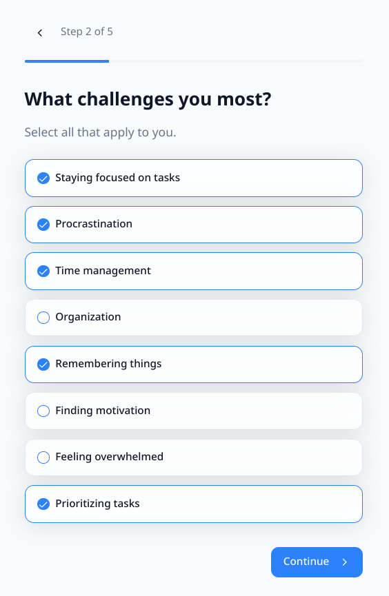 The image displays a step in an onboarding wizard focused on identifying personal challenges.