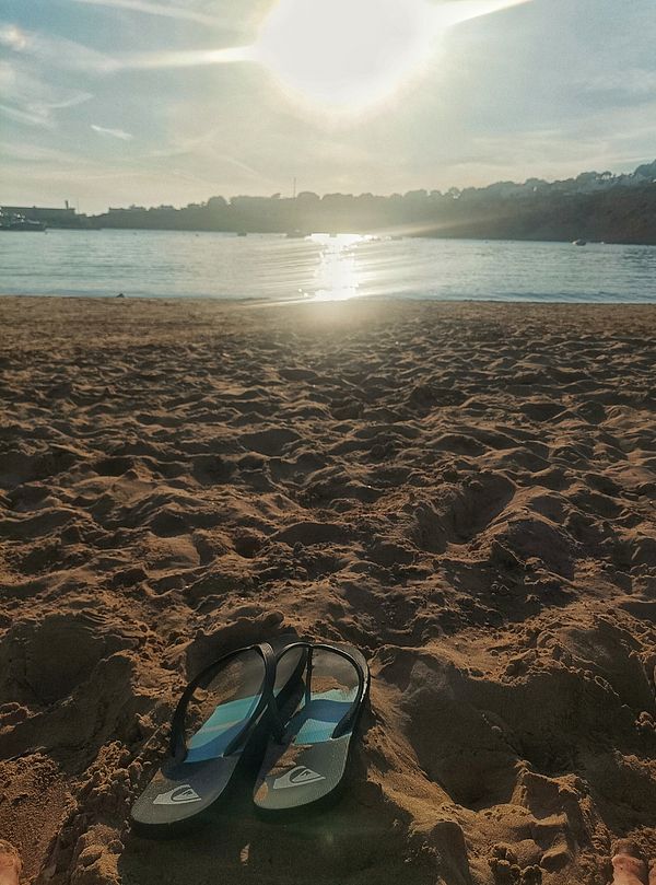 A pair of flip-flops rests on sandy beach terrain with a sunlit ocean in the background.
