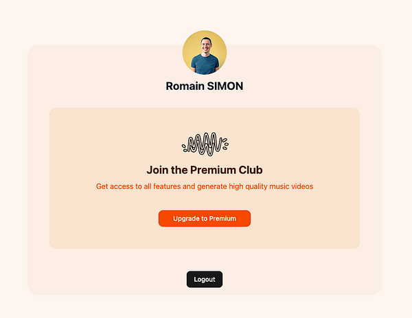 The user page displays a profile section for Romain Simon with an option to upgrade to a premium membership.