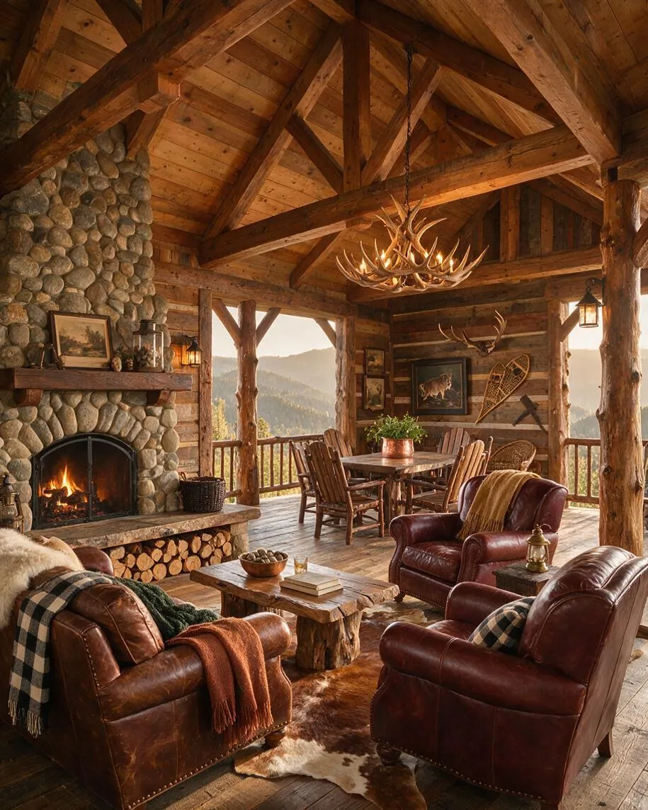 A rustic front porch with exposed wood beams, a stone fireplace, leather seating, and a mounted antler chandelier. The space includes a wood dining table, log accents, and mountain views beyond the open railing.