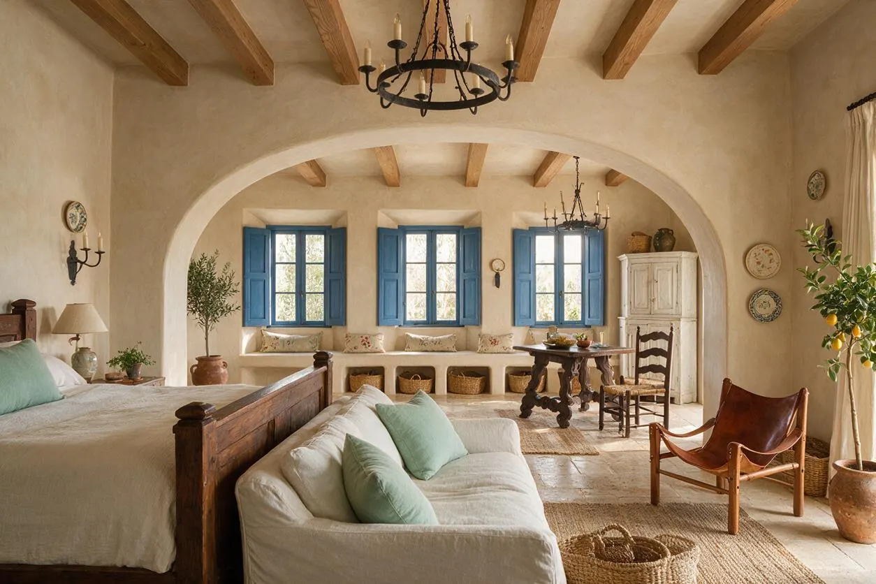 A spacious Mediterranean-style guest bedroom with exposed wood beams, plaster walls, and a large arched opening framing blue shuttered windows. The room includes a dark wood bed, a white linen sofa with mint pillows, woven rugs, a vintage chandelier, and rustic wood-and-wicker accents.