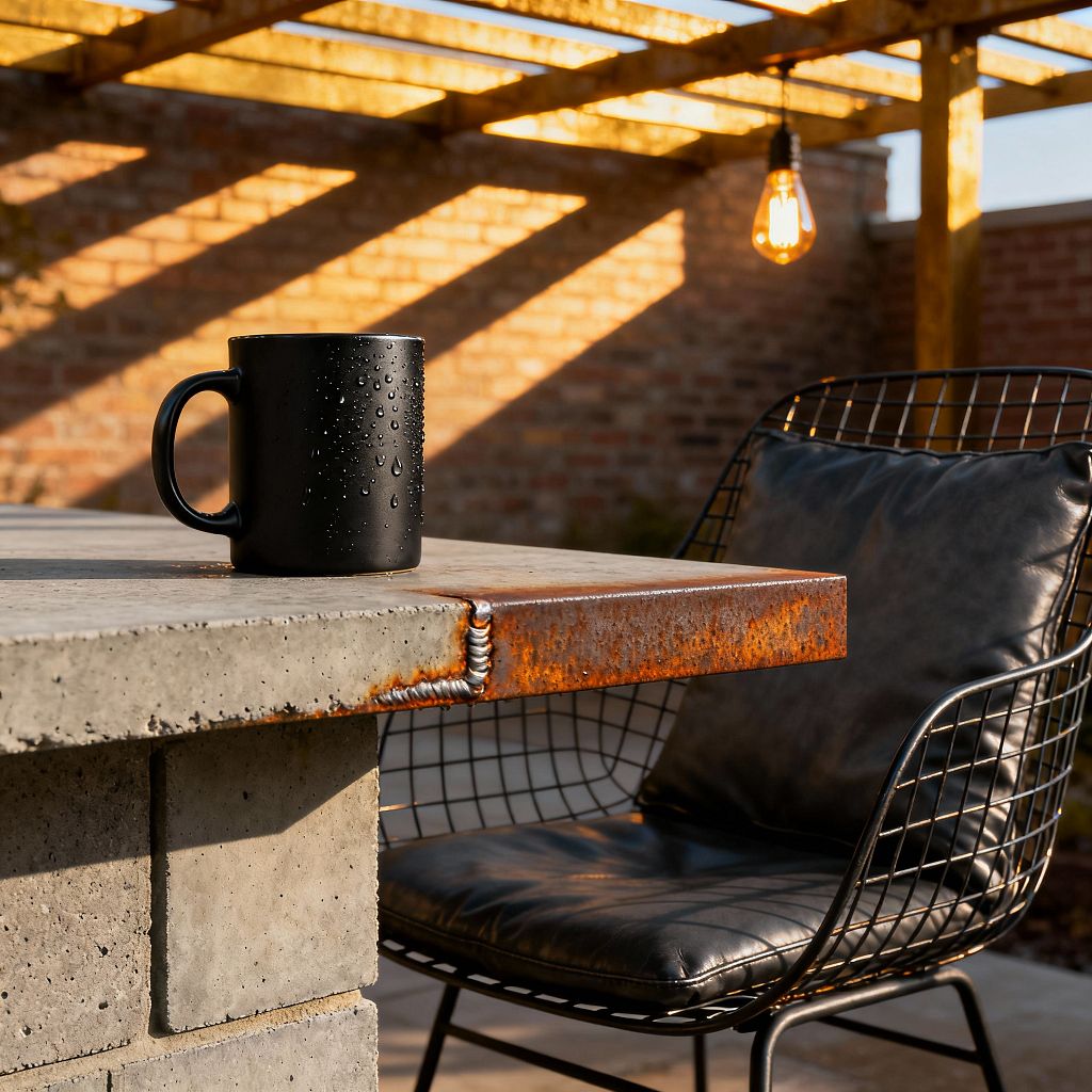 Close-up of an industrial-style patio shows a concrete bar top capped with a rusted steel edge and a visible weld bead. A matte black mug with water droplets sits on the surface, while a black wire-frame chair with a cushioned seat is nearby. Overhead, a simple wood pergola casts long shadows, and a glowing Edison bulb hangs from a cord. A red brick wall frames the space in warm late-afternoon light.