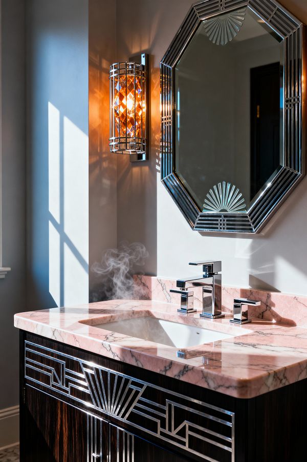An Art Deco bathroom vanity featuring a pink veined marble countertop over a dark wood cabinet with chrome sunburst and linear inlays. An octagonal mirror with stepped chrome trim hangs above, paired with a cylindrical sconce filled with faceted amber crystals; a squared chrome widespread faucet and visible steam from the basin are lit by cool daylight against soft gray walls.