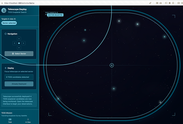 The image displays a user interface for a telescope deployment page focused on exoplanet search.