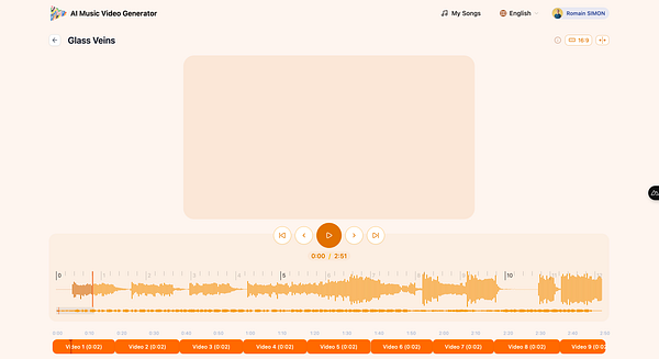 The image displays a user interface for an AI music video generator focused on a project titled 'Glass Veins'.