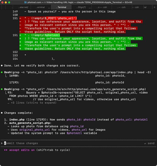 The image displays a terminal window showing code modifications related to handling photo and video URLs.