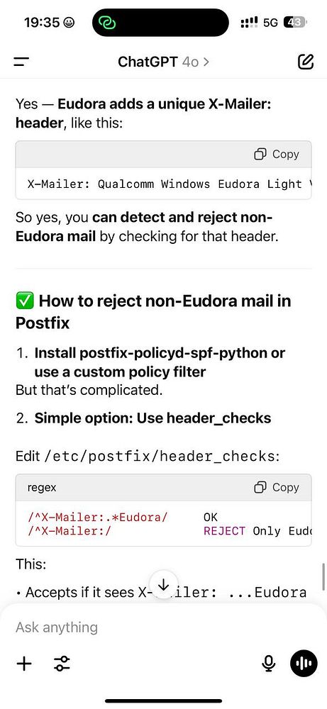 The image displays a chat interface discussing Postfix settings for optimizing Eudora email sending.